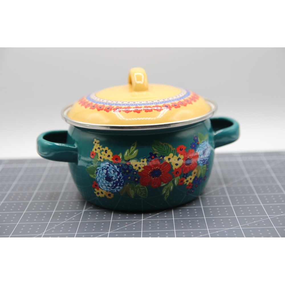 Pioneer Woman Breezy Blossom Teal Enamel on Steel Mini Dutch Oven with Lid 5in